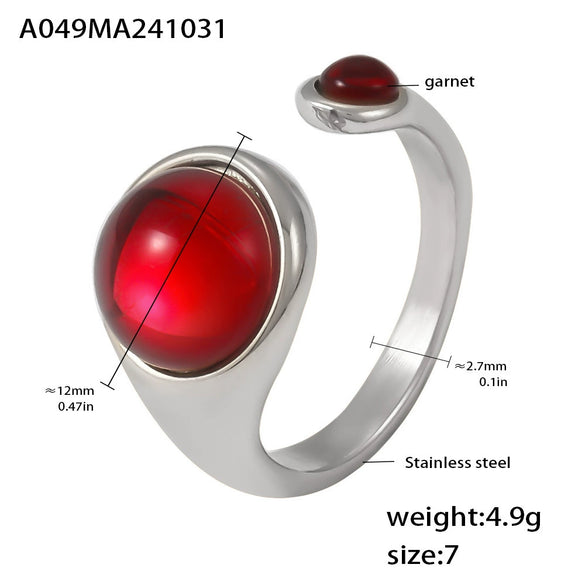 Wholesale Women's Stainless Steel Garnet Open End Ring With Geometric Design Pvd Gold Plated For Light Luxury Jewelry
