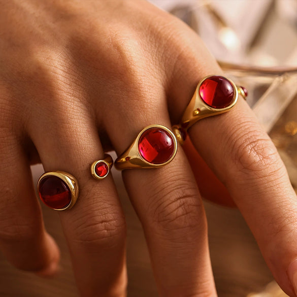 Wholesale Women's Stainless Steel Garnet Open End Ring With Geometric Design Pvd Gold Plated For Light Luxury Jewelry