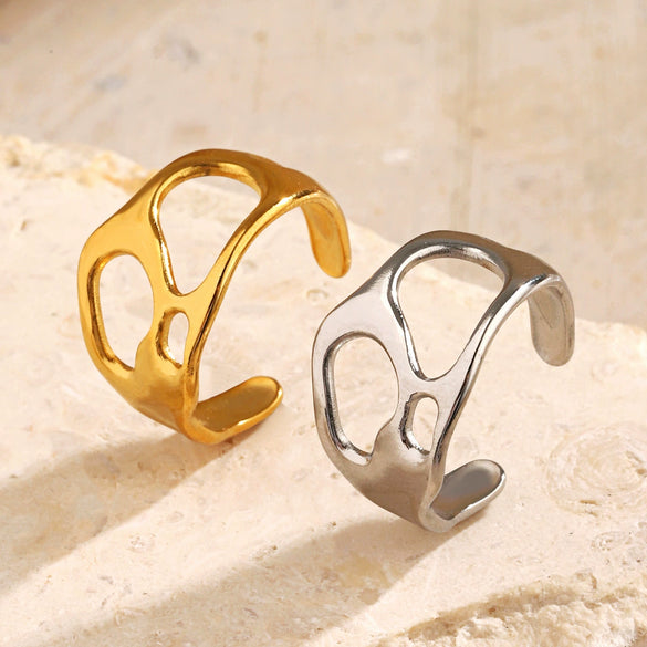 Wholesale Women's Stainless Steel Geometric Asymmetrical Specialshaped Open Ring 18K Goldplated