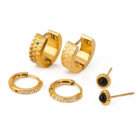 Wholesale Women's Stainless Steel Geometric Black Agate Rhinestone Electroplated Earrings