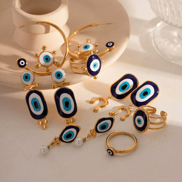 Wholesale Women's Stainless Steel Geometric Blue Eye Pendant Earrings With Electroplating Treatment