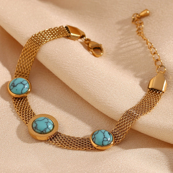 Wholesale Women's Stainless Steel Geometric Braided Mesh Chain Bracelet Electroplated With Blue Turquoise