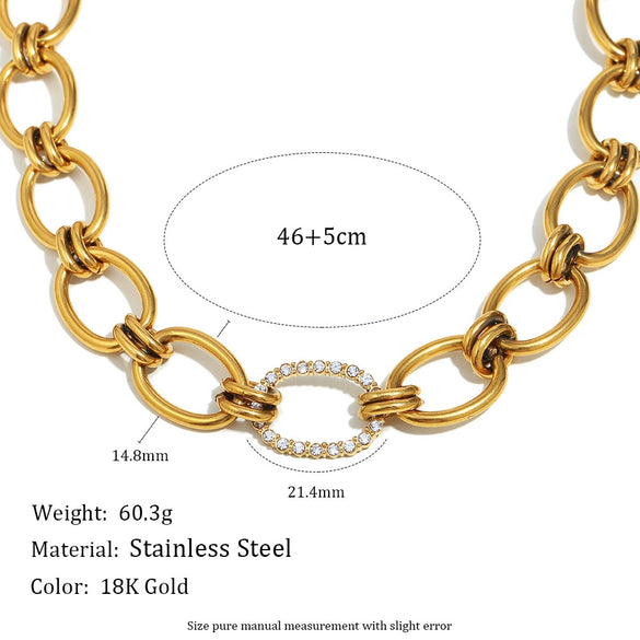 Wholesale Women's Stainless Steel Geometric Casual Style Necklace With 18K Gold Plated Electroplated Ring Chain And Zircon