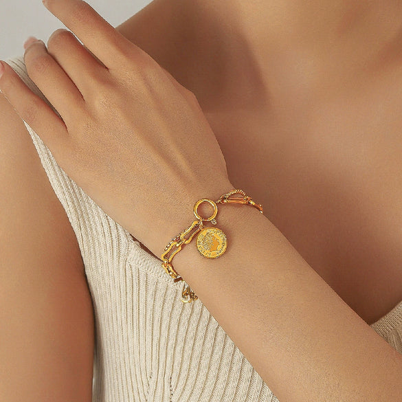Wholesale Women's Stainless Steel Geometric Coin Pendant Bracelet With Electroplating