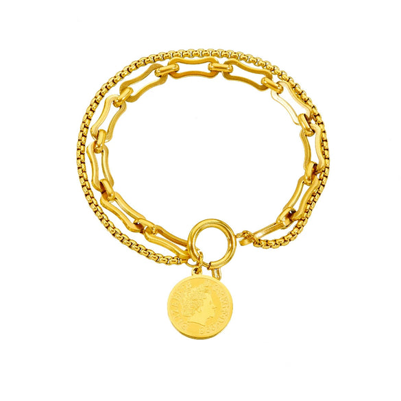Wholesale Women's Stainless Steel Geometric Coin Pendant Bracelet With Electroplating
