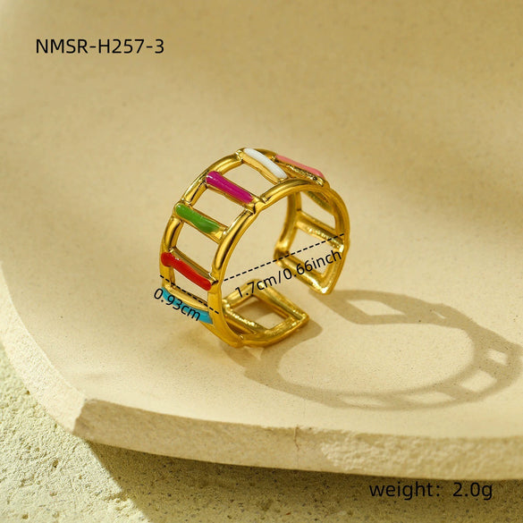 Wholesale Women's Stainless Steel Geometric Colorful Oil Dripping Light Luxury Style Ring 18K Goldplated
