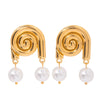 Wholesale Women's Stainless Steel Geometric Conch Imitation Pearl Pendant Earrings With Electroplating And Glossy Surface