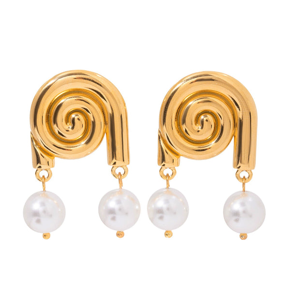 Wholesale Women's Stainless Steel Geometric Conch Imitation Pearl Pendant Earrings With Electroplating And Glossy Surface