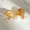Wholesale Women's Stainless Steel Geometric Conch Imitation Pearl Pendant Earrings With Electroplating And Glossy Surface