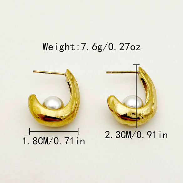 Wholesale Women's Stainless Steel Geometric Crescent Hook Pearl Earrings With Electroplating Treatment