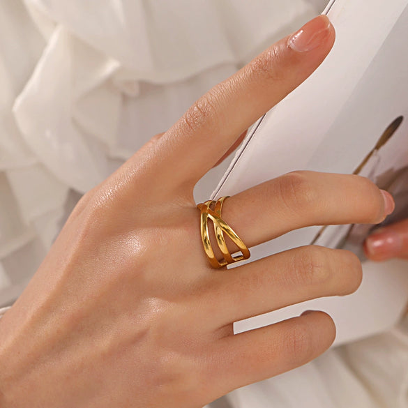 Wholesale Women's Stainless Steel Geometric Cross Opening Adjustment Ring With Electroplating