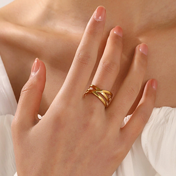 Wholesale Women's Stainless Steel Geometric Cross Opening Adjustment Ring With Electroplating