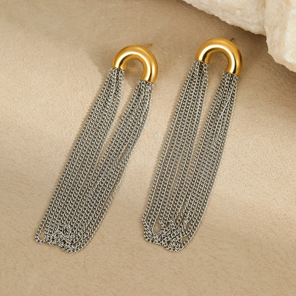 Wholesale Women's Stainless Steel Geometric Curved Chain Long Tassel Earrings With Electroplating Design