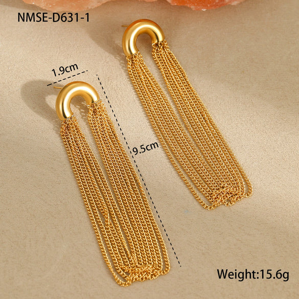 Wholesale Women's Stainless Steel Geometric Curved Chain Long Tassel Earrings With Electroplating Design