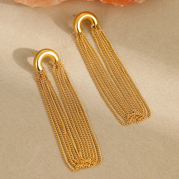 Wholesale Women's Stainless Steel Geometric Curved Chain Long Tassel Earrings With Electroplating Design