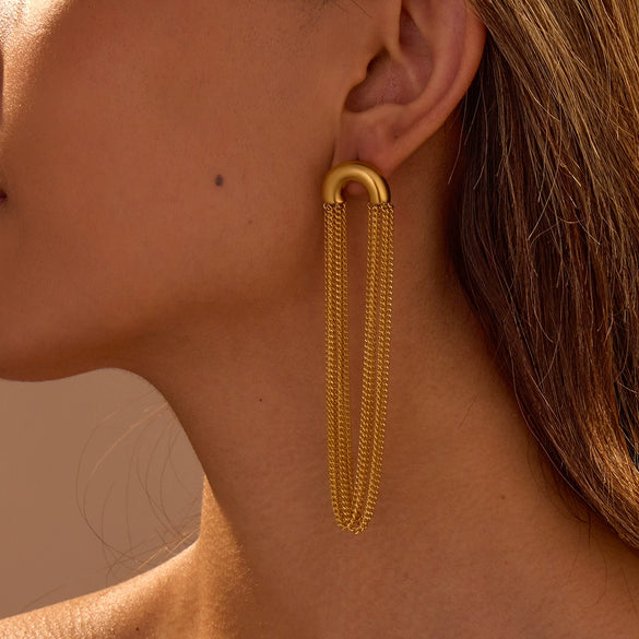 Wholesale Women's Stainless Steel Geometric Curved Chain Long Tassel Earrings With Electroplating Design
