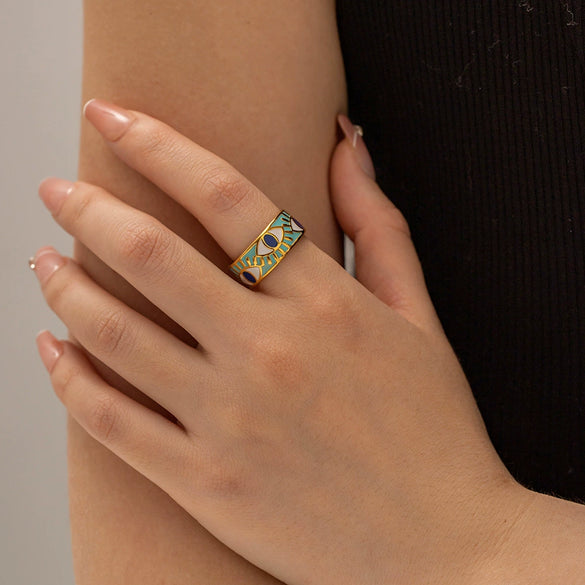 Wholesale Women's Stainless Steel Geometric Devil Eye Ring With Electroplating Retro Palace Style