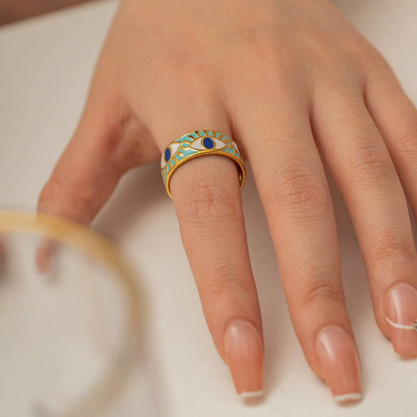 Wholesale Women's Stainless Steel Geometric Devil Eye Ring With Electroplating Retro Palace Style