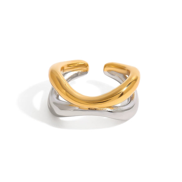 Wholesale Women's Stainless Steel Geometric Double Layer Hollow Opening Ring With Gold And Silver Color Matching Irregular Lines And Electroplating Treatment