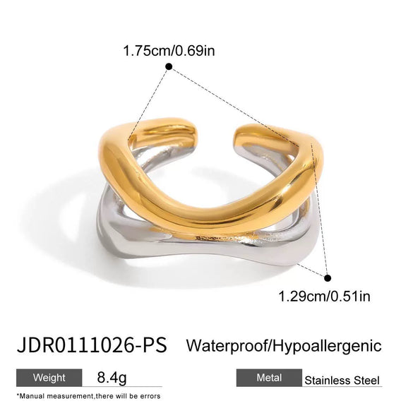 Wholesale Women's Stainless Steel Geometric Double Layer Hollow Opening Ring With Gold And Silver Color Matching Irregular Lines And Electroplating Treatment