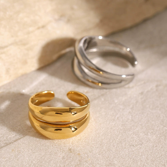 Wholesale Women's Stainless Steel Geometric Double Layer Line Hollow Opening Ring Jewelry With Electroplating And High Level Design Sense