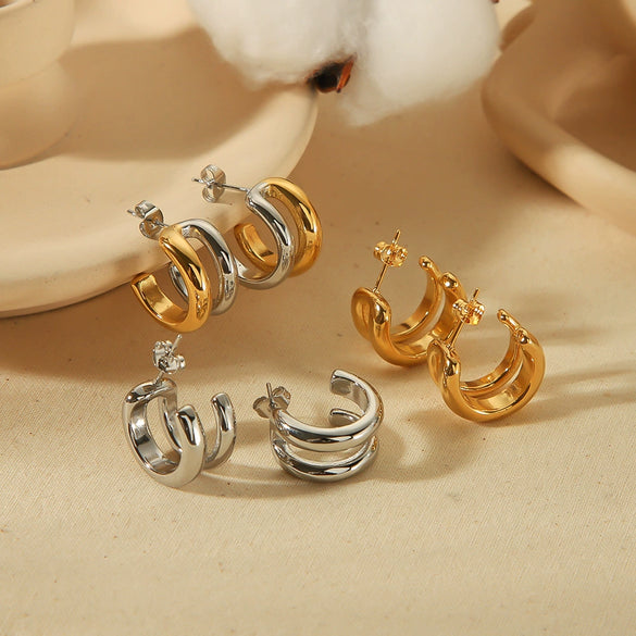 Wholesale Women's Stainless Steel Geometric Double Line Earrings With Electroplating
