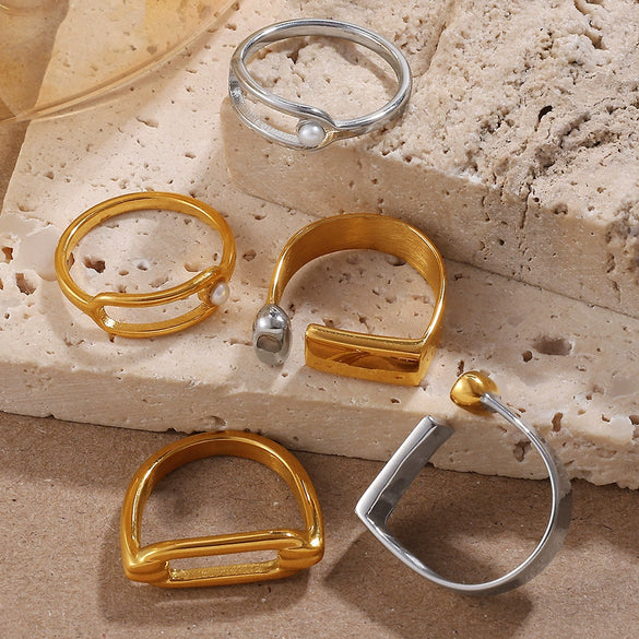 Wholesale Women's 316L Stainless Steel Geometric Doublelayer Ring Set With Electroplating Design