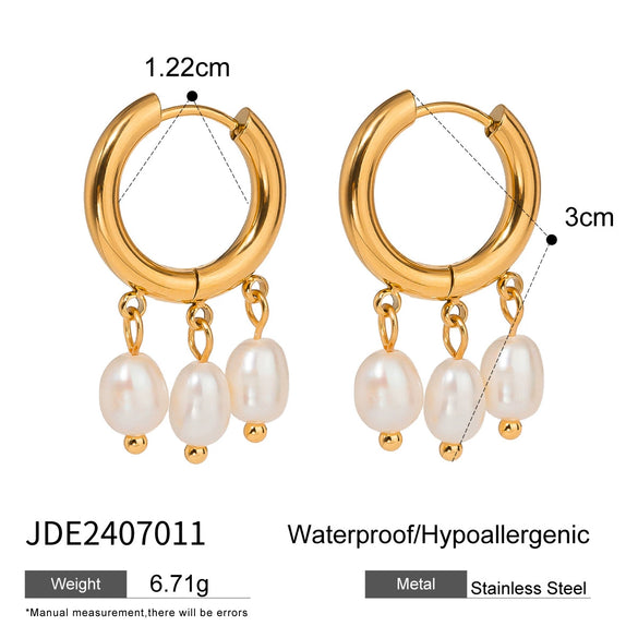 Wholesale Women's Stainless Steel Geometric Earrings With Three White Freshwater Pearls And Electroplating Treatment