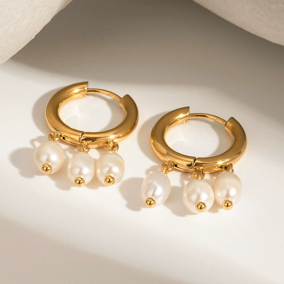 Wholesale Women's Stainless Steel Geometric Earrings With Three White Freshwater Pearls And Electroplating Treatment