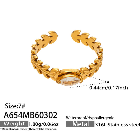 Wholesale Women's Stainless Steel Geometric Electroplated Diamondstudded Wheat Earshaped Open Tail Ring Accessories