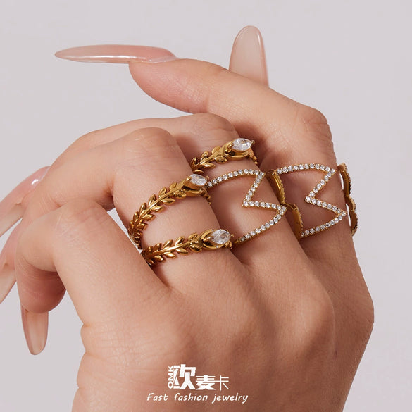 Wholesale Women's Stainless Steel Geometric Electroplated Diamondstudded Wheat Earshaped Open Tail Ring Accessories