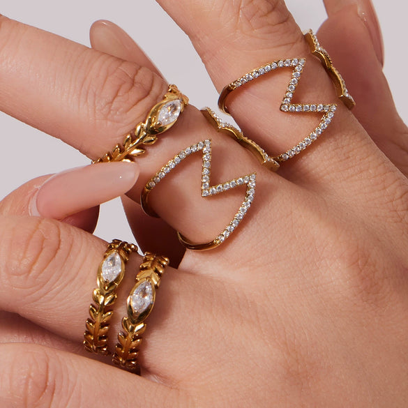 Wholesale Women's Stainless Steel Geometric Electroplated Diamondstudded Wheat Earshaped Open Tail Ring Accessories