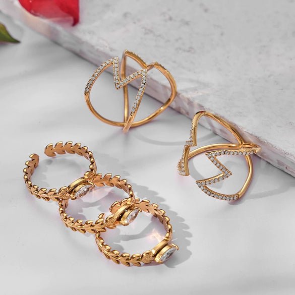 Wholesale Women's Stainless Steel Geometric Electroplated Diamondstudded Wheat Earshaped Open Tail Ring Accessories