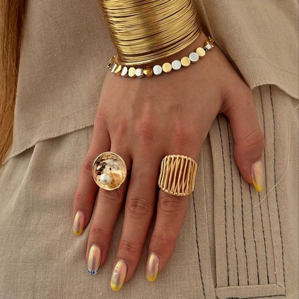 Wholesale Women's Stainless Steel Geometric Exaggerated Hammer Pearl Open Ring 18K Gold Plated