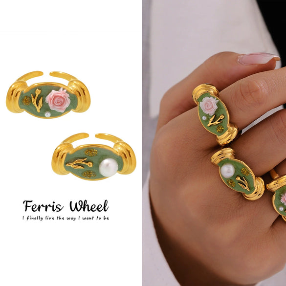 Wholesale Women's Stainless Steel Geometric Fashion Electroplated Enamel Glaze Flower Oil Painting Ferris Wheel Baroque Pearl Ring