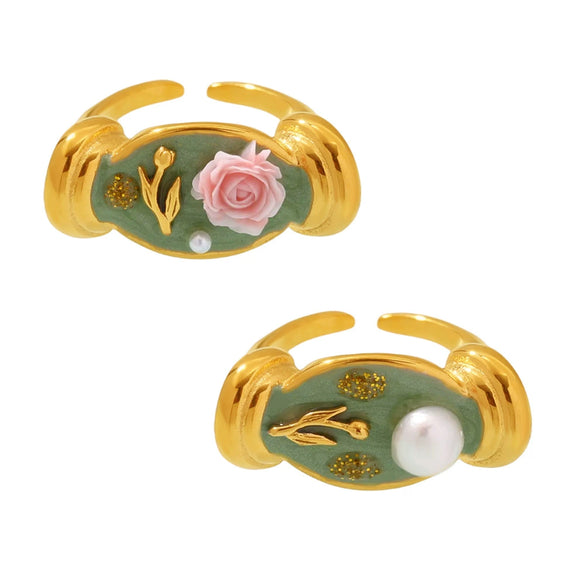 Wholesale Women's Stainless Steel Geometric Fashion Electroplated Enamel Glaze Flower Oil Painting Ferris Wheel Baroque Pearl Ring