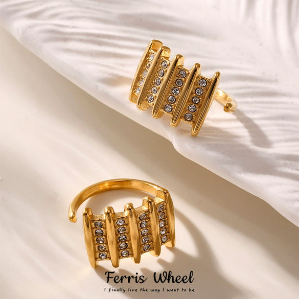 Wholesale Women's Stainless Steel Geometric Ferris Wheel Inlaid With White Zircon Electroplated Asymmetrical Open Ring Retro Hand Jewelry