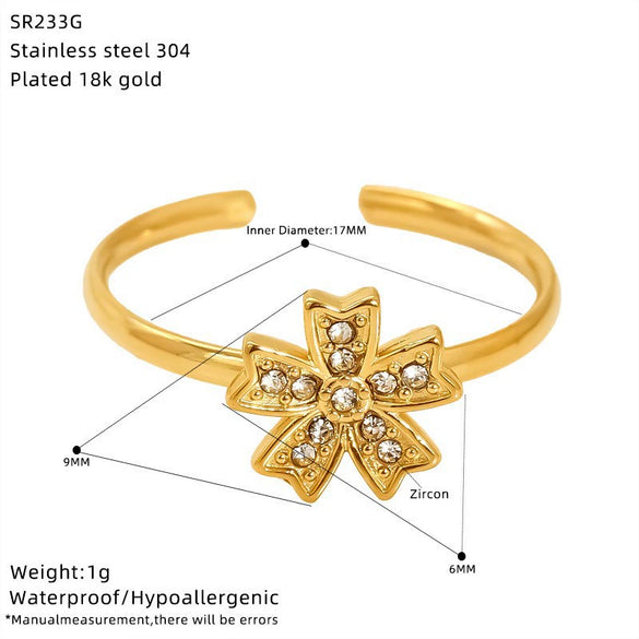 Wholesale Women's Stainless Steel Geometric Four Leaf Clover Branch Real Gold Plated Adjustable Open Ring Fashion Jewelry