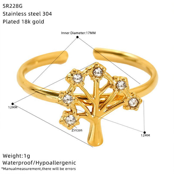 Wholesale Women's Stainless Steel Geometric Four Leaf Clover Branch Real Gold Plated Adjustable Open Ring Fashion Jewelry