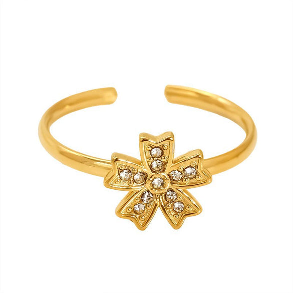 Wholesale Women's Stainless Steel Geometric Four Leaf Clover Branch Real Gold Plated Adjustable Open Ring Fashion Jewelry
