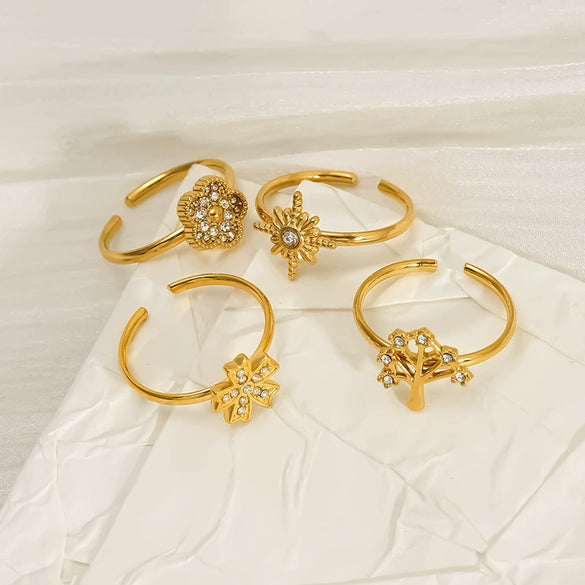 Wholesale Women's Stainless Steel Geometric Four Leaf Clover Branch Real Gold Plated Adjustable Open Ring Fashion Jewelry