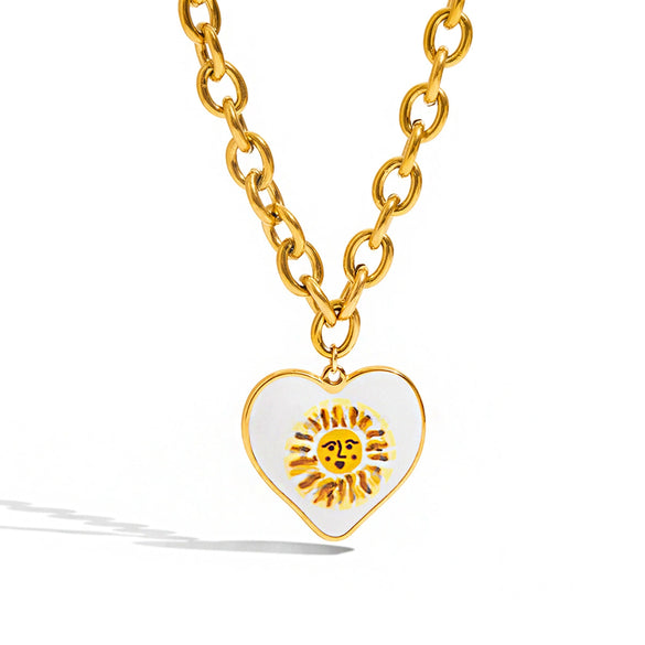 Wholesale Women's Stainless Steel Geometric Heart Face Pendant Necklace With Oil Drop Print And Electroplating Design