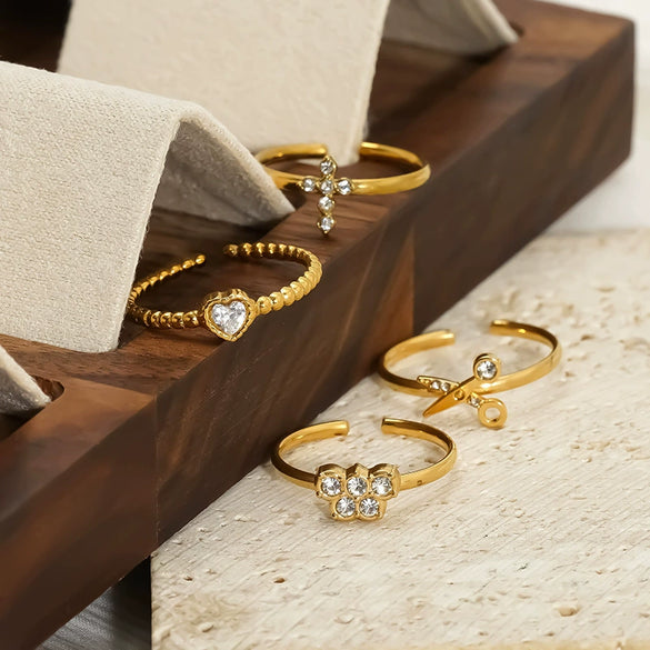 Wholesale Women's Stainless Steel Geometric Heart Shape Cross Real Gold Plated Open Ring