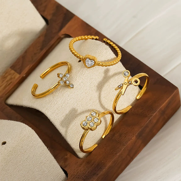 Wholesale Women's Stainless Steel Geometric Heart Shape Cross Real Gold Plated Open Ring