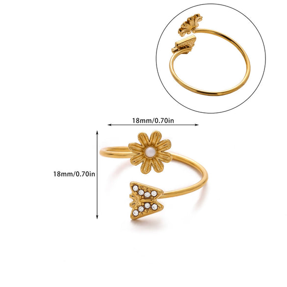 Wholesale Women's Stainless Steel Geometric Heart Shape Imitation Pearl Zircon Ring Inlaid With Gold And Plated With 18K Gold Flower Star Open Ring