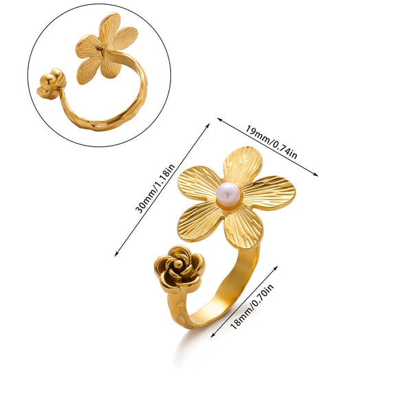 Wholesale Women's Stainless Steel Geometric Heart Shape Imitation Pearl Zircon Ring Inlaid With Gold And Plated With 18K Gold Flower Star Open Ring