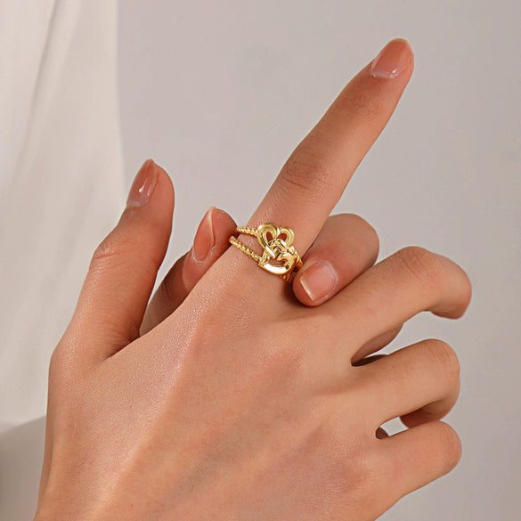 Wholesale Women's Stainless Steel Geometric Heartshaped Doublelayer Opening Adjustable Ring With Electroplating