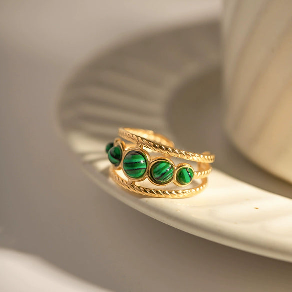 Wholesale Women's Stainless Steel Geometric Hollow Opening Ring With Malachite Electroplated