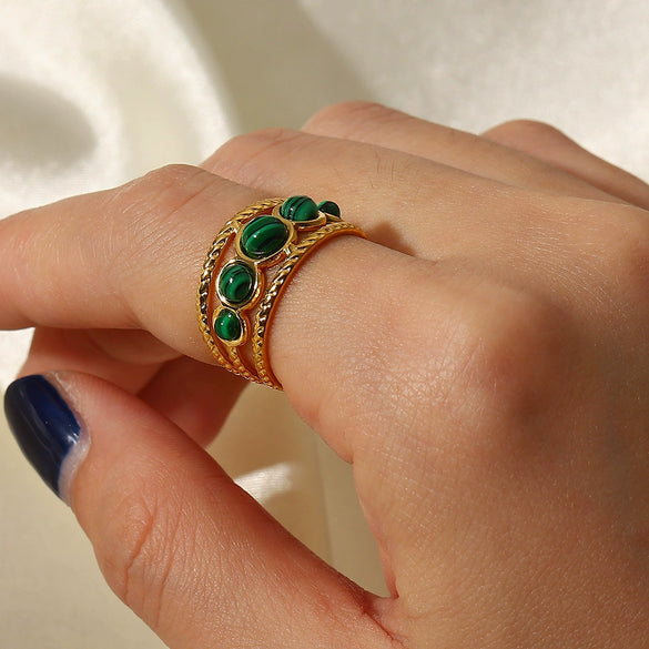 Wholesale Women's Stainless Steel Geometric Hollow Opening Ring With Malachite Electroplated