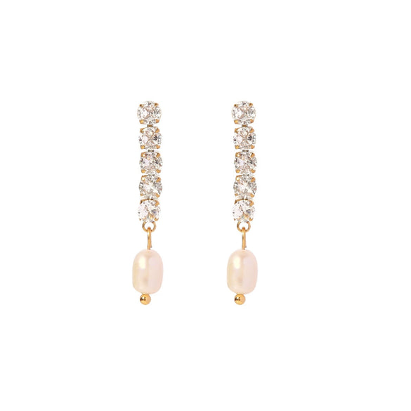 Wholesale Women's Stainless Steel Geometric Inlaid Zircon Freshwater Pearl Ear Row Tassel Ear Studs Jewelry